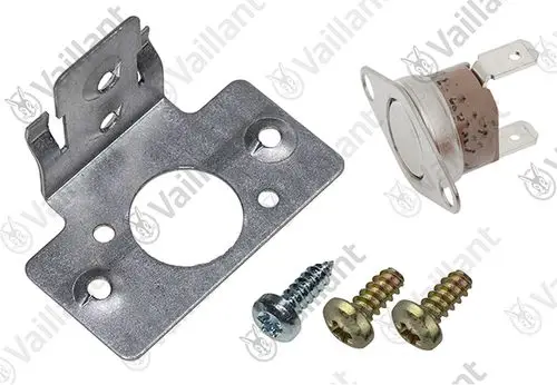 Vaillant Sensor-Set bestehend aus einem Metallhalter, einem Temperatursensor und verschiedenen Schrauben zur Befestigung.